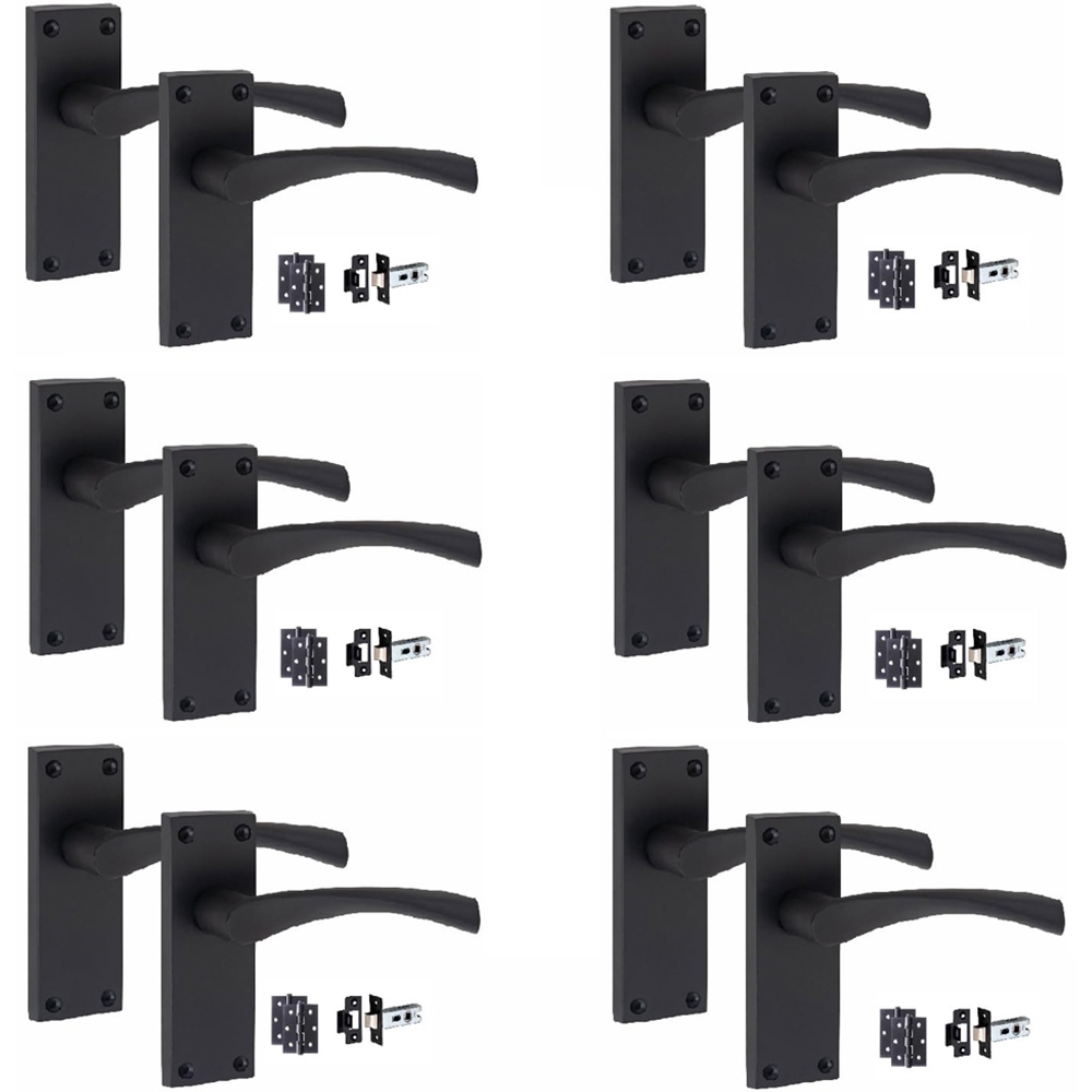 Golden Grace Matt Black Victorian Scroll Astrid Latch Door Handle with Hinge 6 Pack 120 x 40mm Image 1