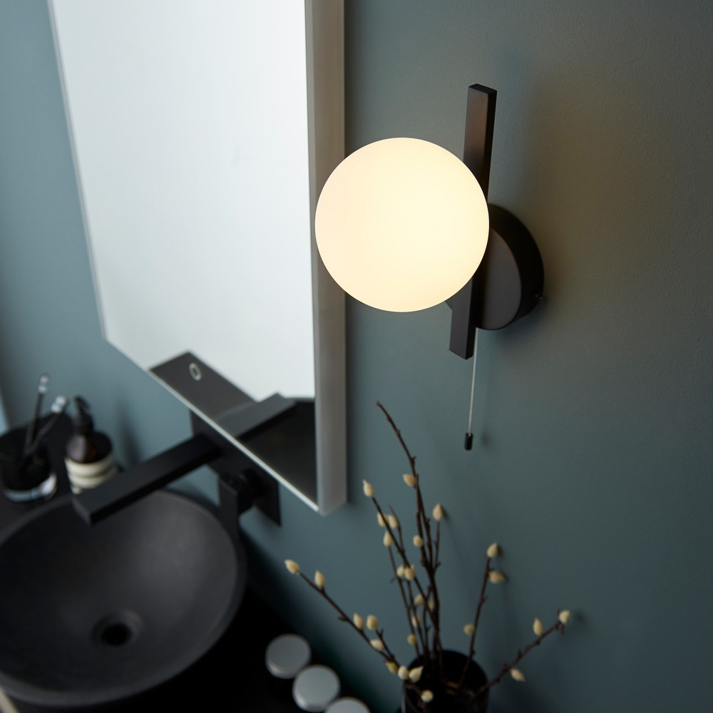 Merano Riomaggiore Matt Black Matt Opal Glass Bathroom Wall Lamp Image 2
