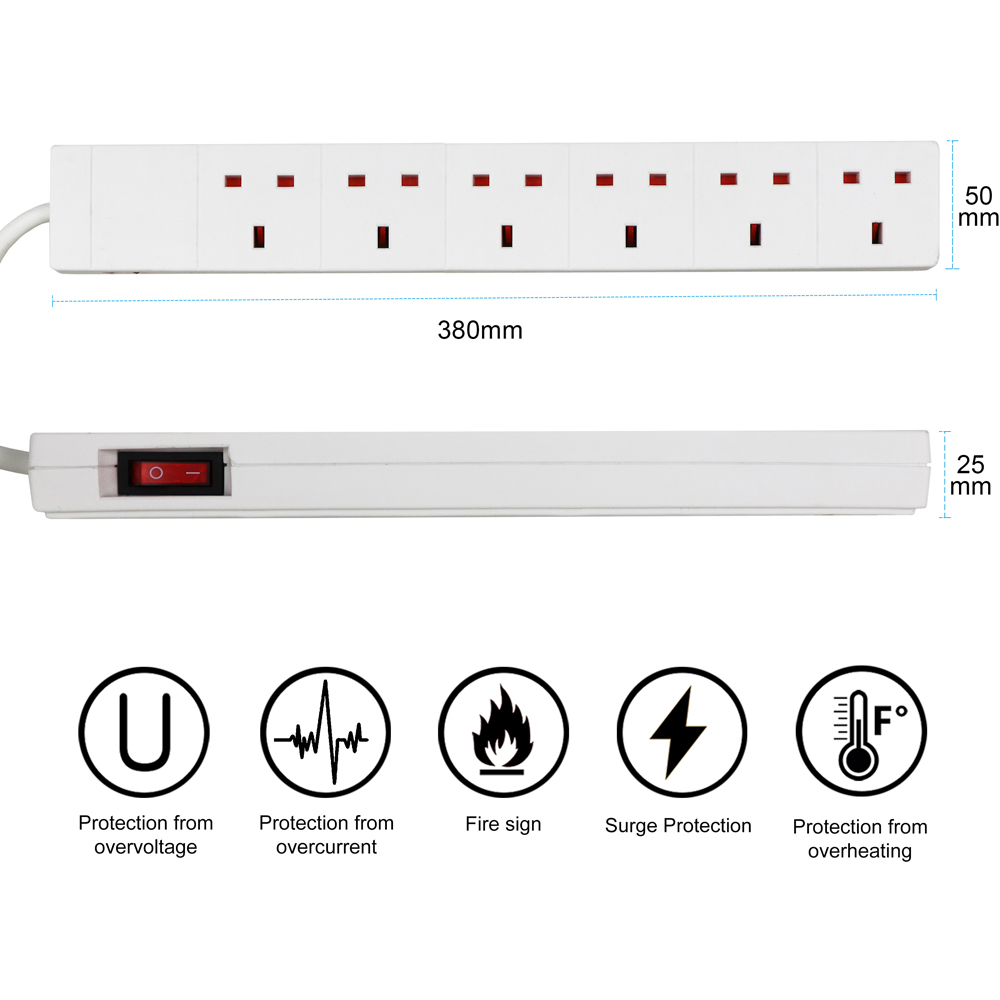 ExtraStar 6 Way 13A White Extension Lead with Switch 2m Image 6