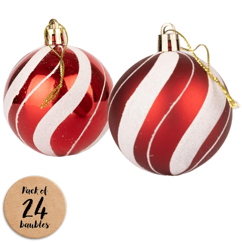 Shatchi 5cm Red and White Candy Strips Shatterproof Bauble 24 Pack Image 1