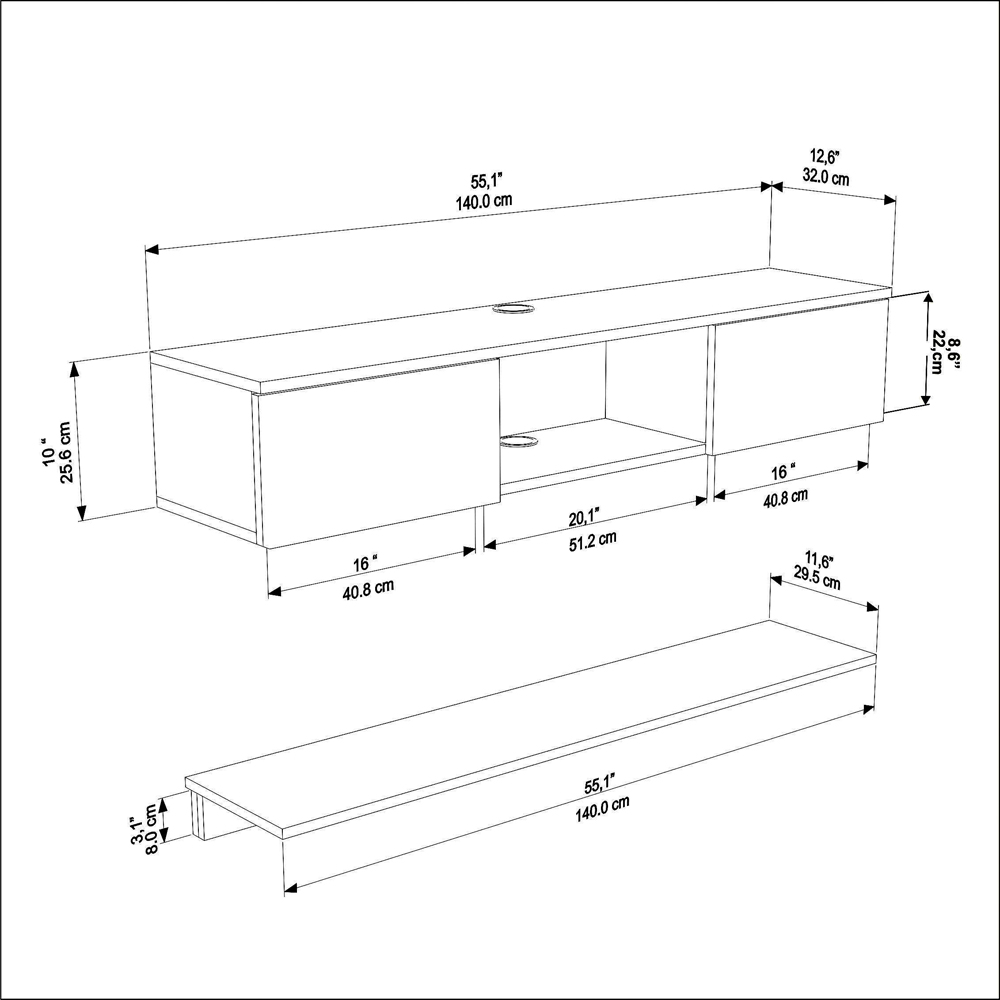 Decorotika Elia 2 Door Single Shelf Walnut Travertine Wall Mounted TV Unit with Wall Shelf Image 8