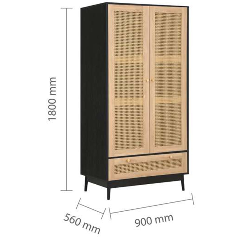Croxley 2 Door Single Drawer Black and Oak Rattan Wardrobe Image 9