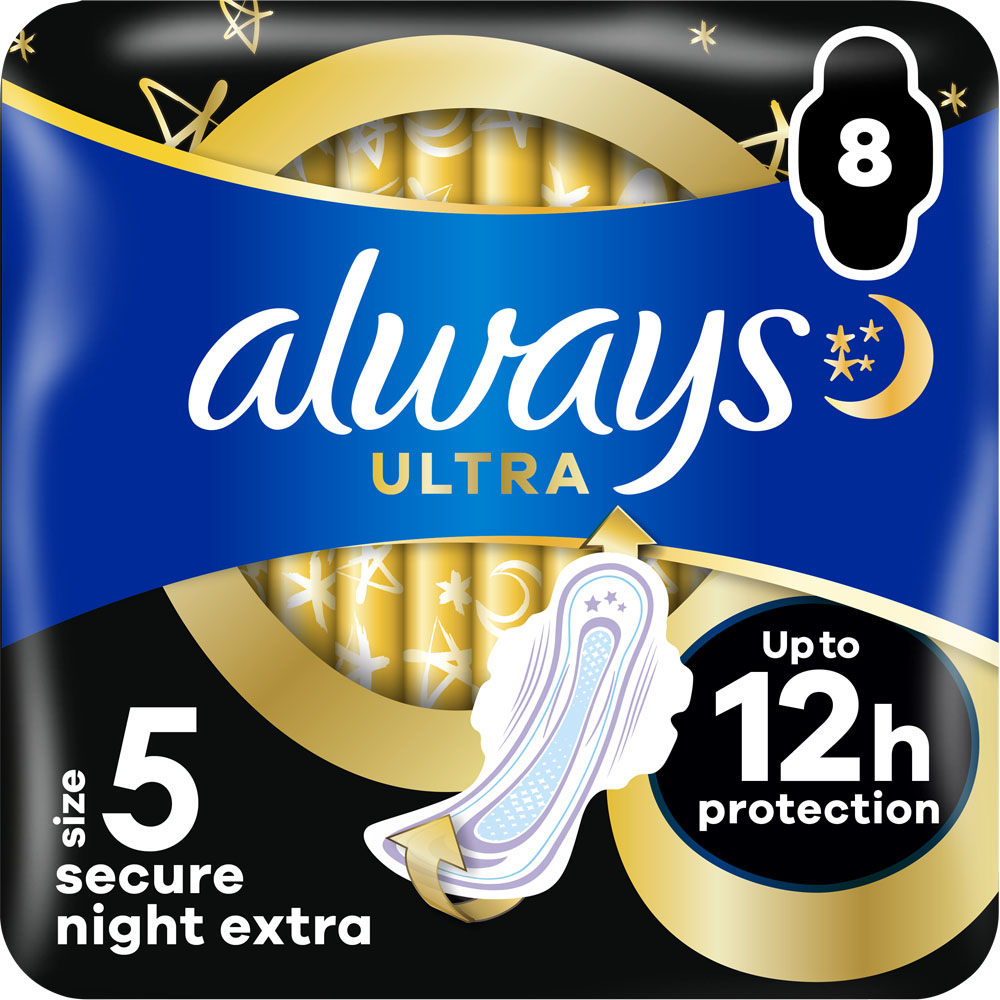 Always Ultra Secure Night Extra Sanitary Towels with Wings Size 5 x 8 Pack Image 2