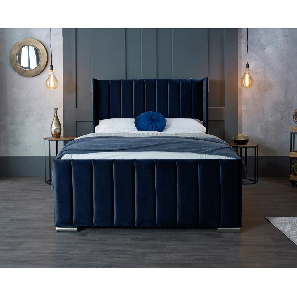 Eleganza Home Meriso Super King Size Blue Plush Velvet Bed Frame with Winged Headboard Image 4