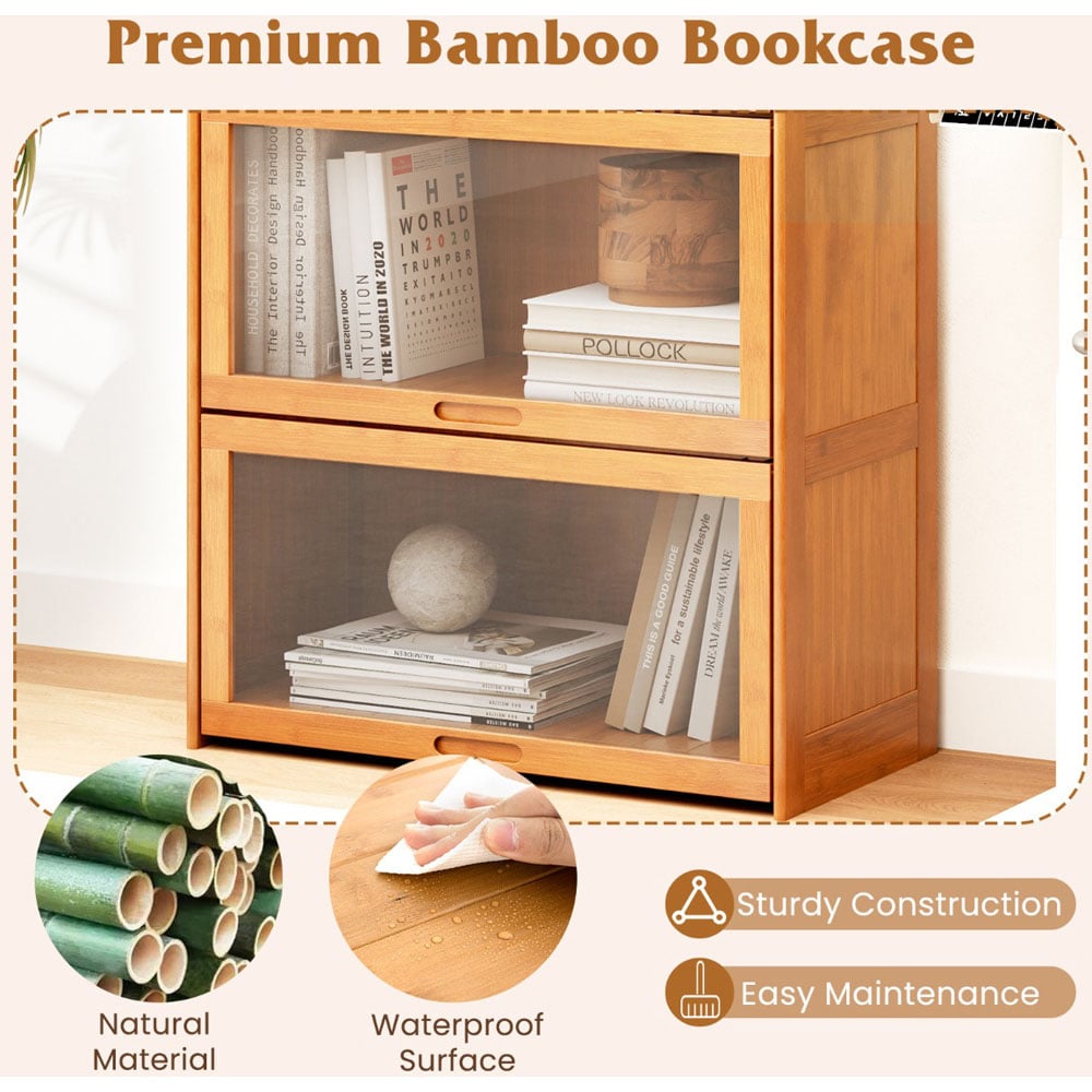 Costway 4 Shelf Natural Bamboo Bookcase with Acrylic Doors Image 6