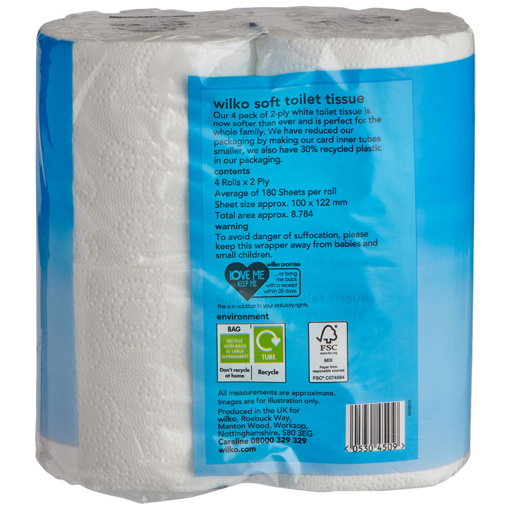 Wilko Soft Toilet Tissue 4 Rolls 2 Ply   Image 3