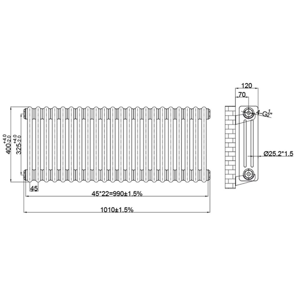 Go Bathrooms Clarence Raw Metal 3 Column 22 Section Radiator 400 x 1010mm Image 3