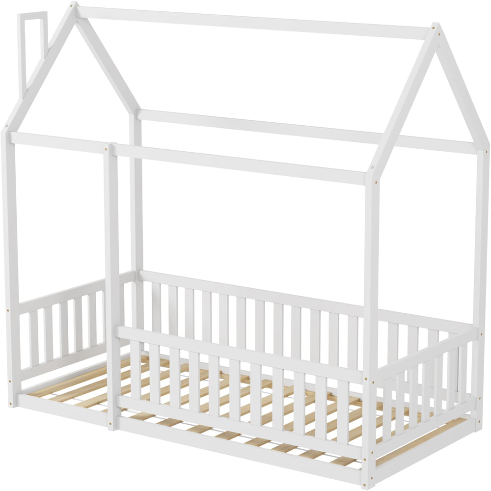 FurnitureHMD White Pine Wood House-Shaped Kids Bed Frame Image 2