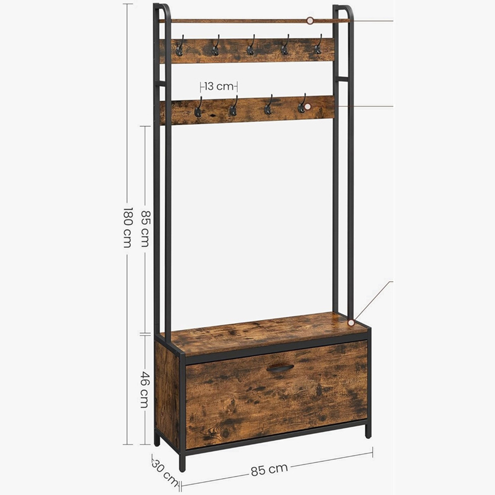 Modcraft Single Flip Down Drawer Rustic Brown Hall Tree Coat Rack with Shoe Bench and 9 Hooks Image 4