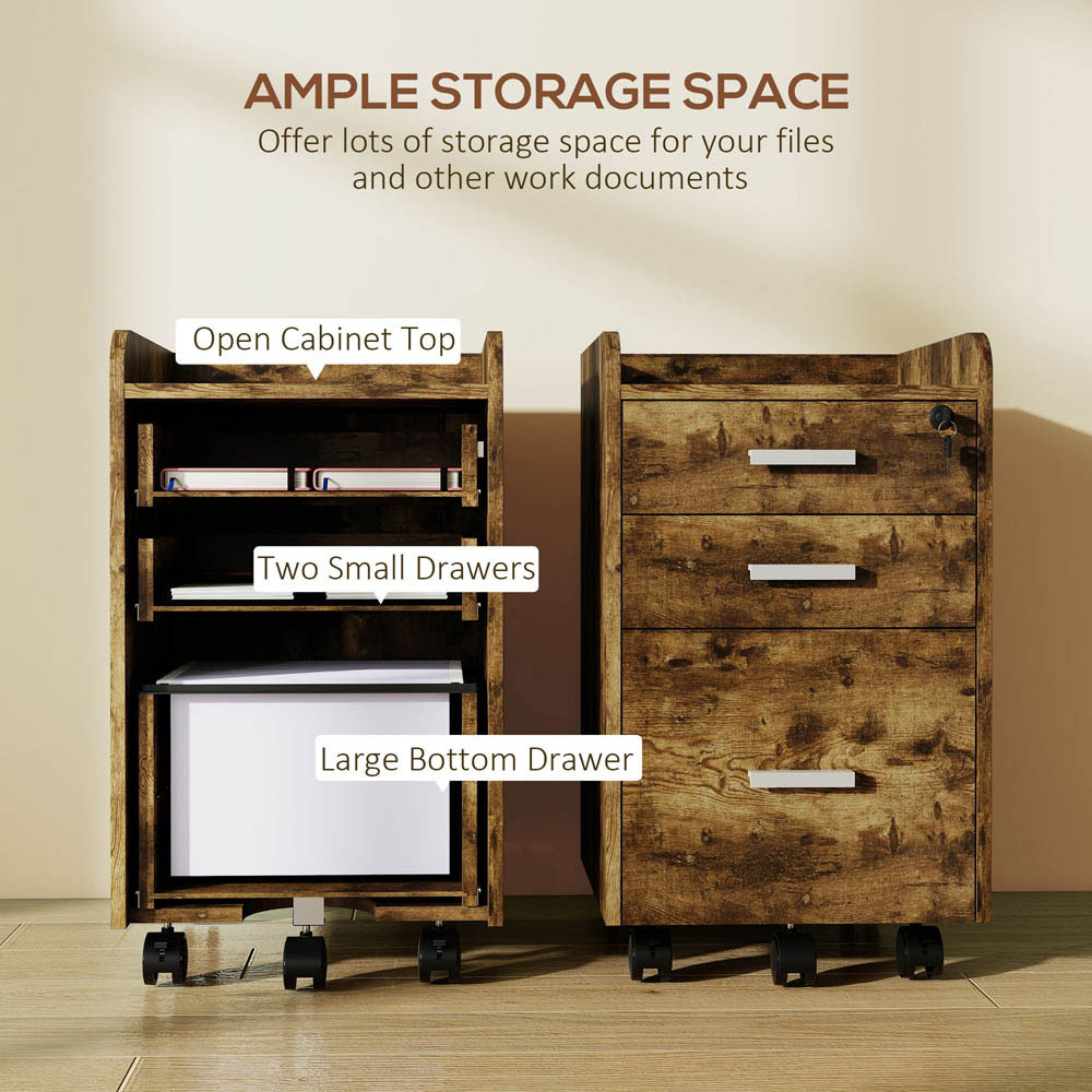 Portland 3 Drawer Rustic Brown Mobile Lockable Filing Cabinet with Keys Image 7