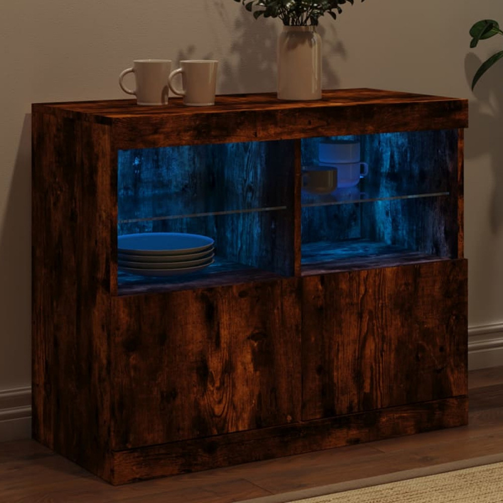 vidaXL 2 Door 4 Shelf Smoked Oak Sideboard with LED Lights Image 1