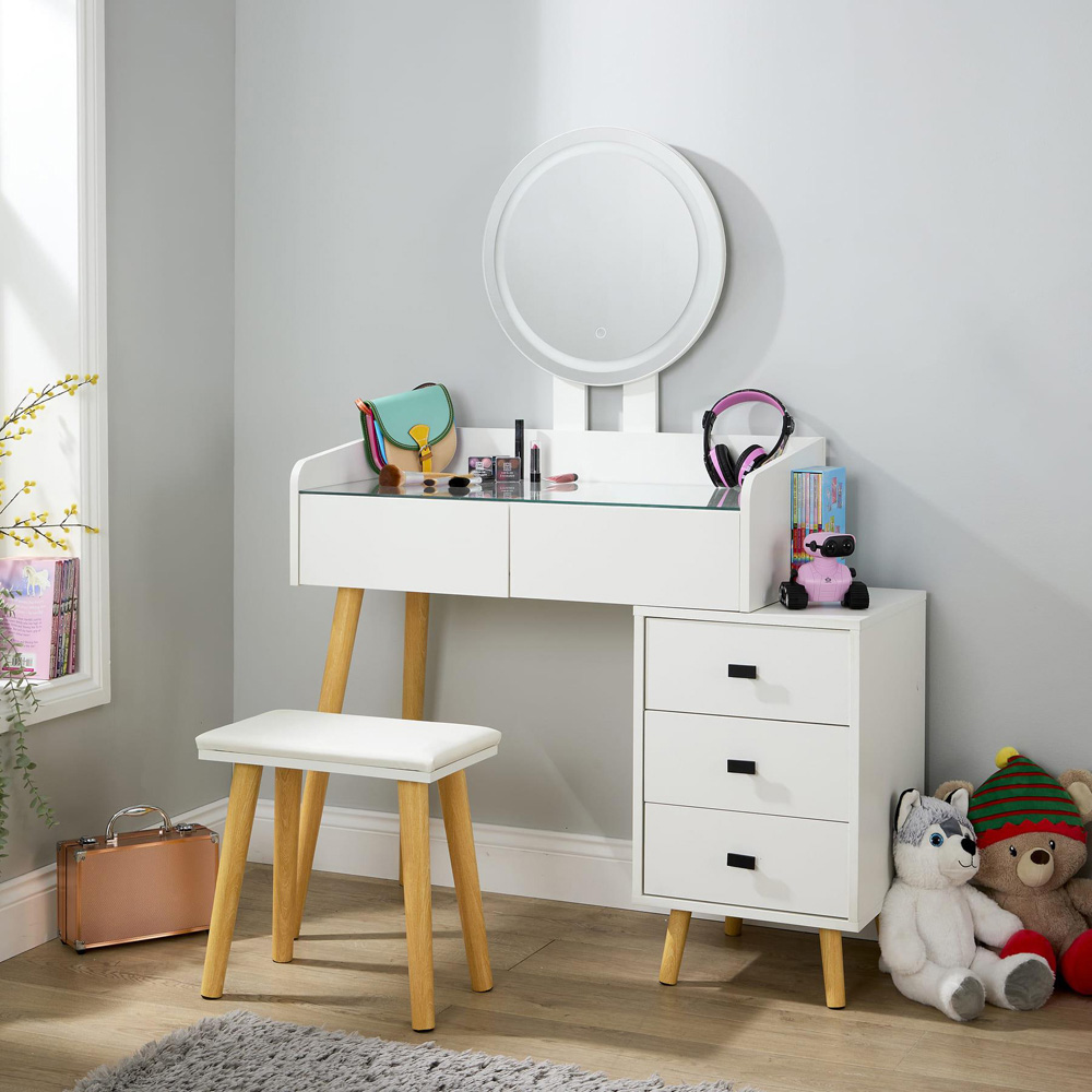 Home Source Nova 5 Drawer White Vanity Table and Cushioned Stool Set with LED Mirror Image 8