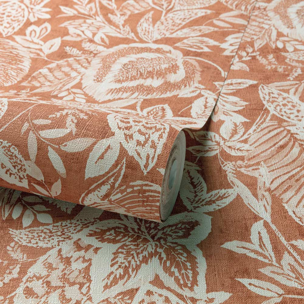 Grandeco Mae Painted Jungle Leaves Linen Terracotta Textured Wallpaper Image 2