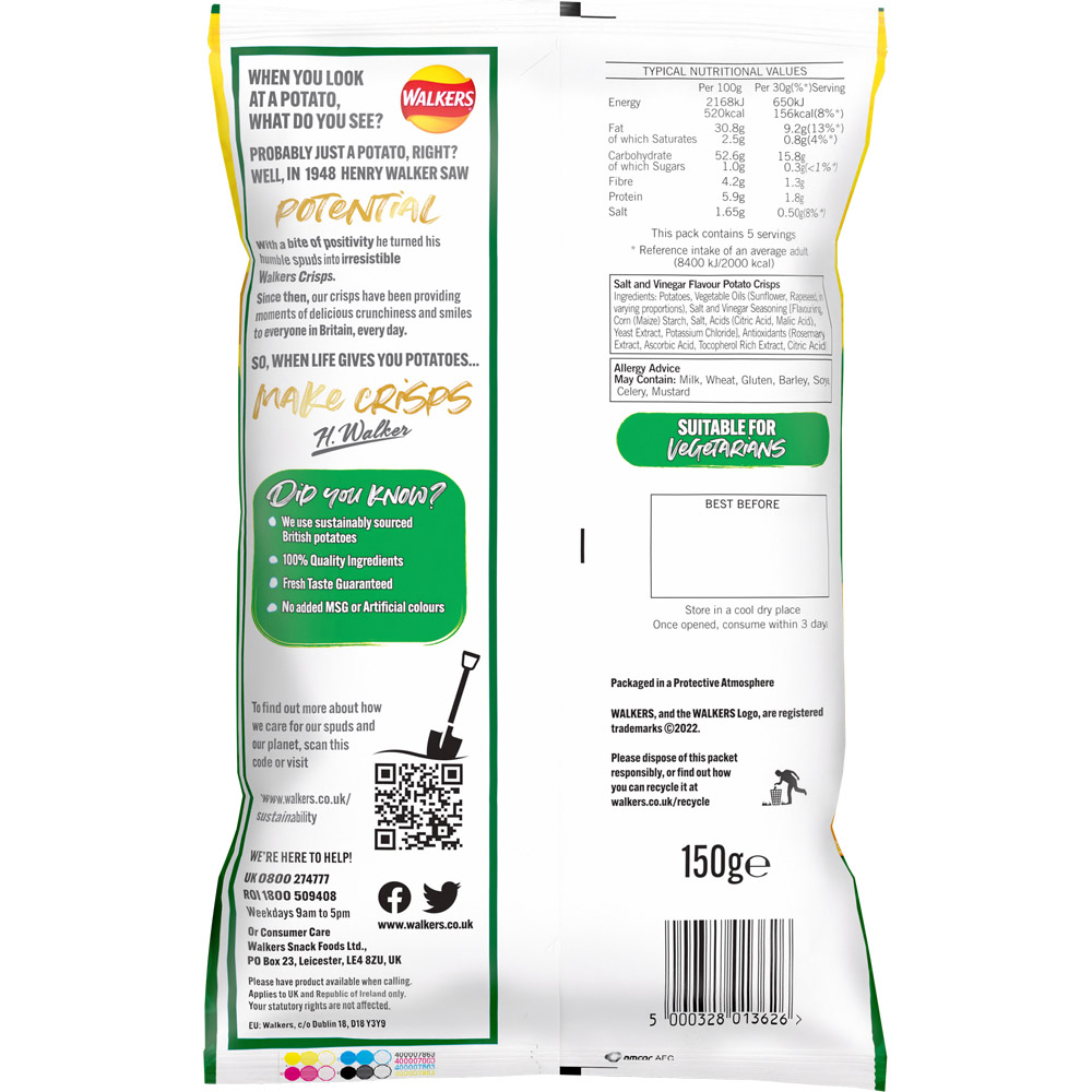 Walkers Salt and Vinegar Crisps 150g Wilko