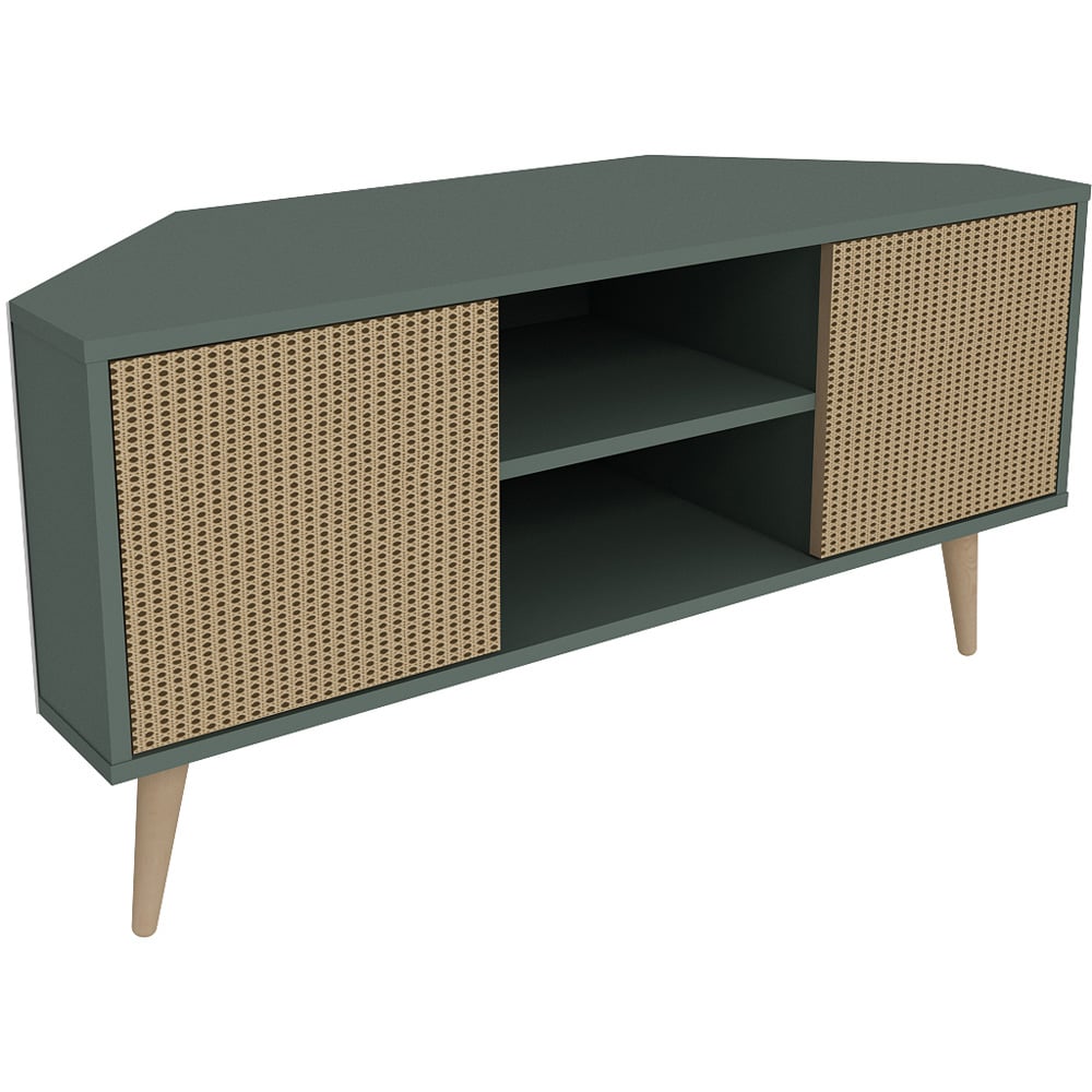 Decorotika Lesson 2 Door 2 Shelf Green and Rattan Corner TV Stand Image 2