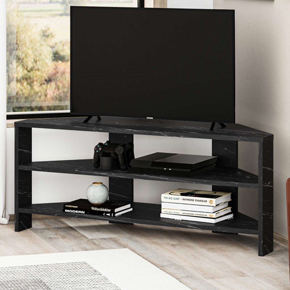 Decortie Thales Black Marble Effect Corner TV Stand Image 1