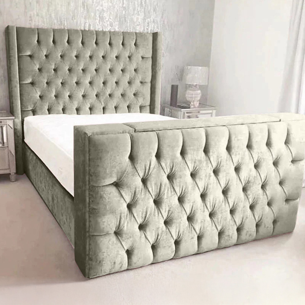 Eleganza Home Lokie Double Grey Plush TV Bed Frame with Headboard and Footboard Image 1