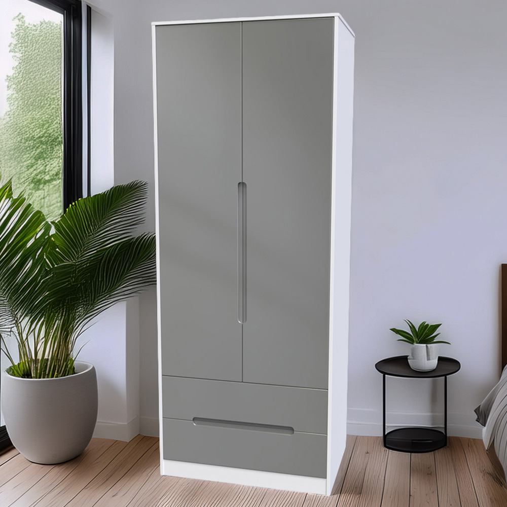 Crowndale Monaco 2 Door 2 Drawer Grey Gloss and White Tall Wardrobe Ready Assembled Image 1