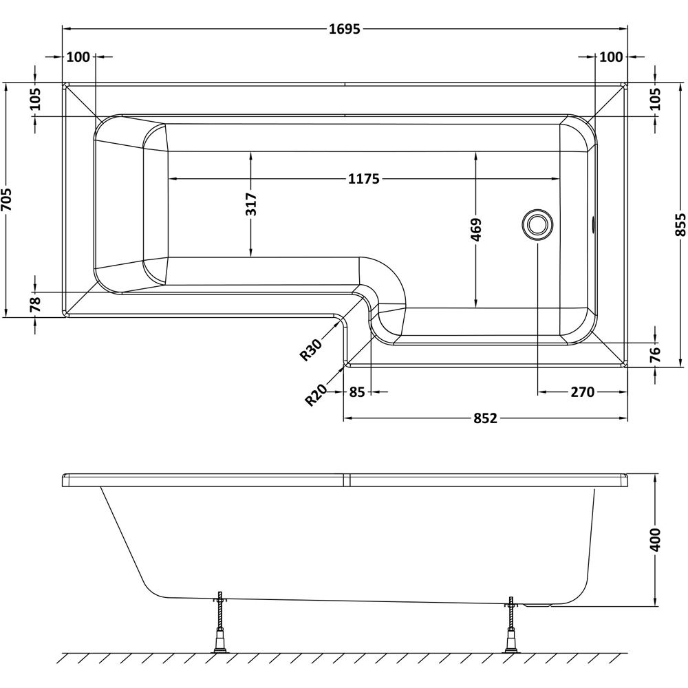 nuie White Right Hand Square Shower Bath 1700mm Image 3