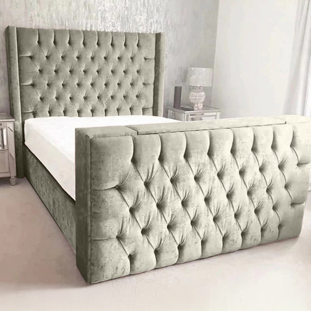 Eleganza Home Lokie King Size Grey Plush TV Bed Frame with Headboard and Footboard Image 1