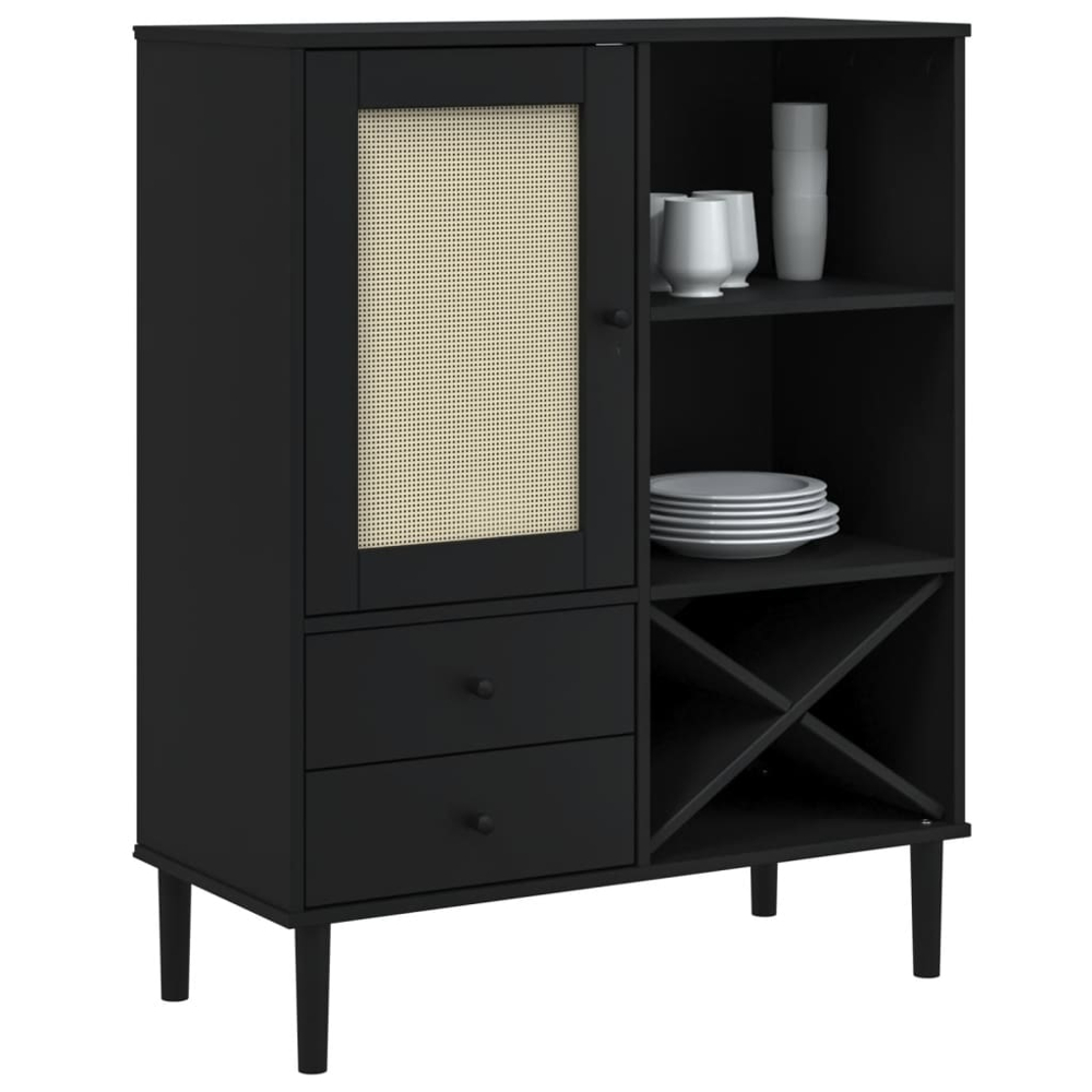 vidaXL Senja Single Door 2 Drawer 6 Shelf Black Solid Pine Wood Rattan Look Highboard Image 3