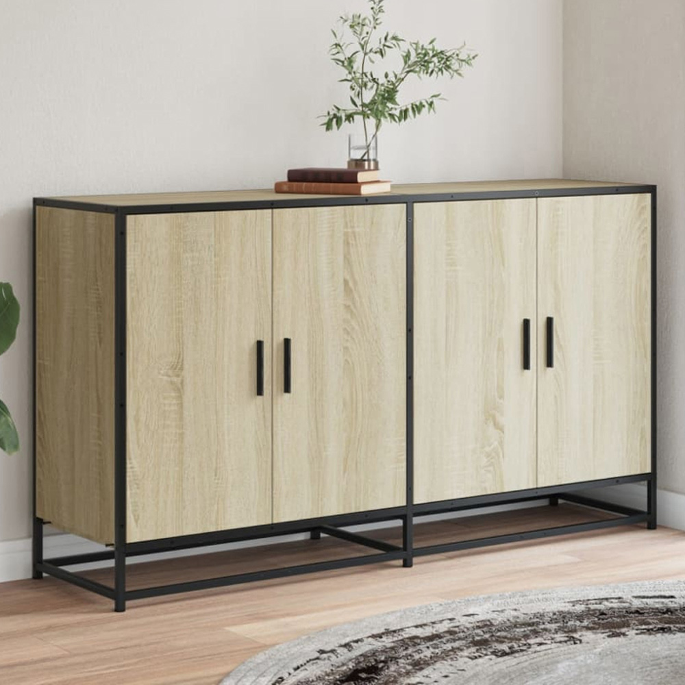 vidaXL 4 Door Sonoma Oak Wood and Metal Industrial Style Sideboard Image 1