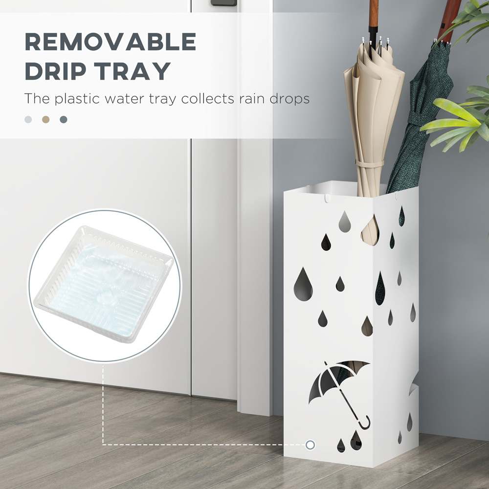 HOMCOM White Metal Square Umbrella Stand with 4 Hooks Drip Tray Image 5