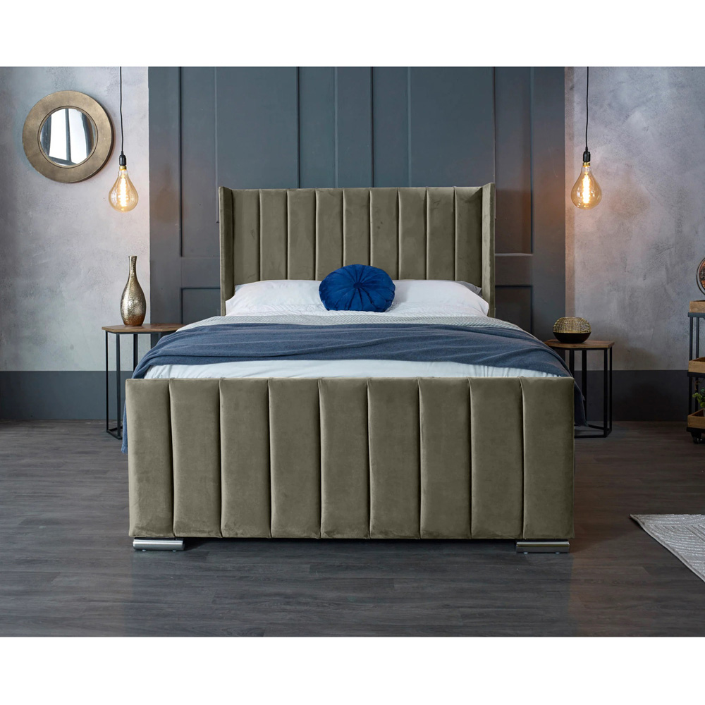 Eleganza Home Meriso King Size Grey Plush Velvet Bed Frame with Winged Headboard Image 4