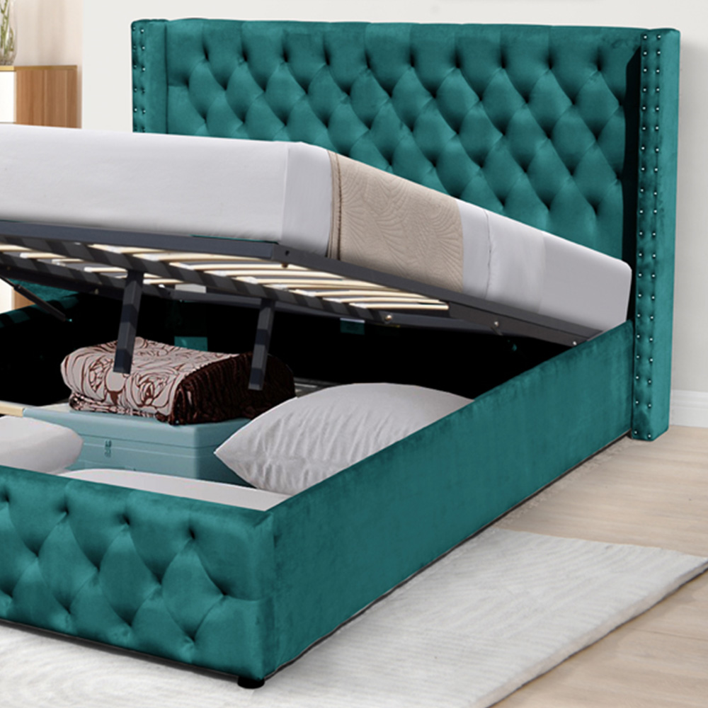 Comfy Living Double Green Winged Plush Velvet Fabric Gas Lift Ottoman Bed Frame Image 2