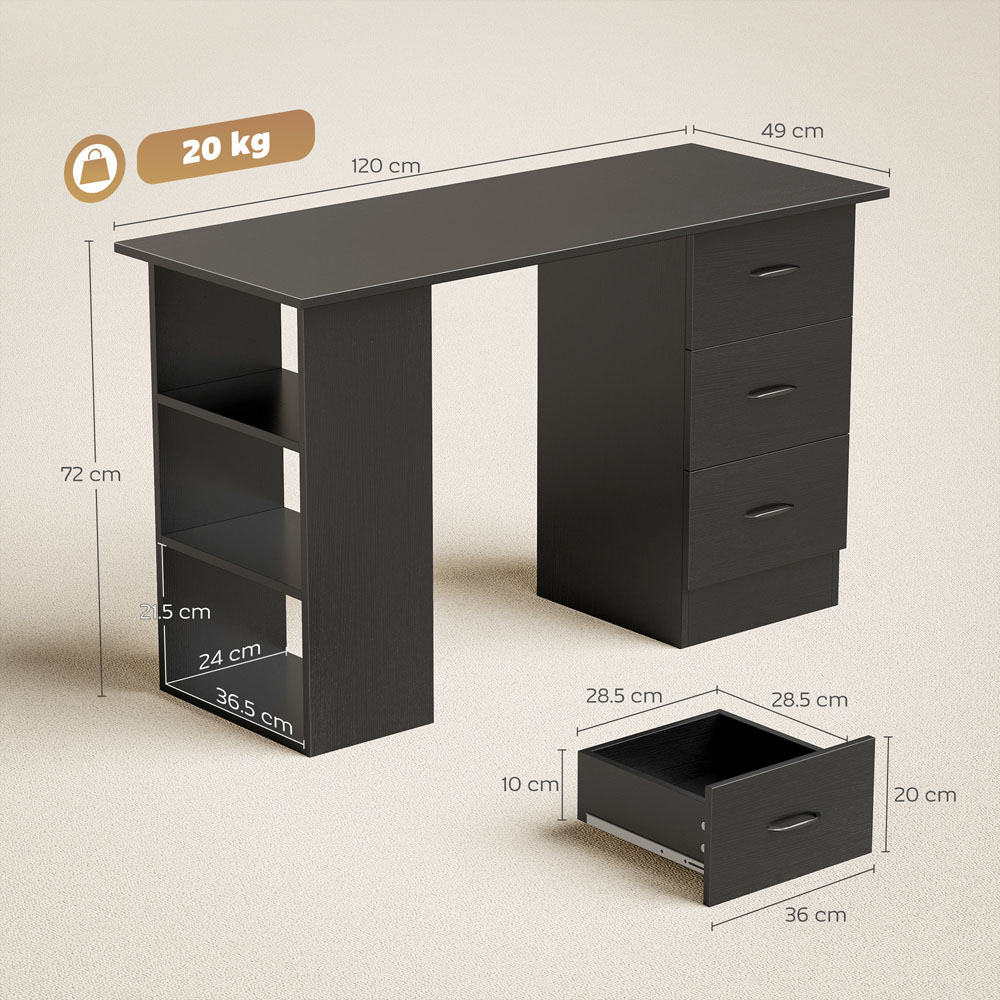 Portland 3 Drawer 3 Shelf Customisable Computer Desk Black Image 9