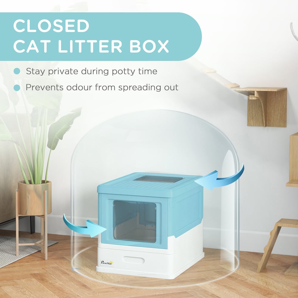 PawHut Light Blue Hooded Cat Litter Box with Scoop and Tray Image 6