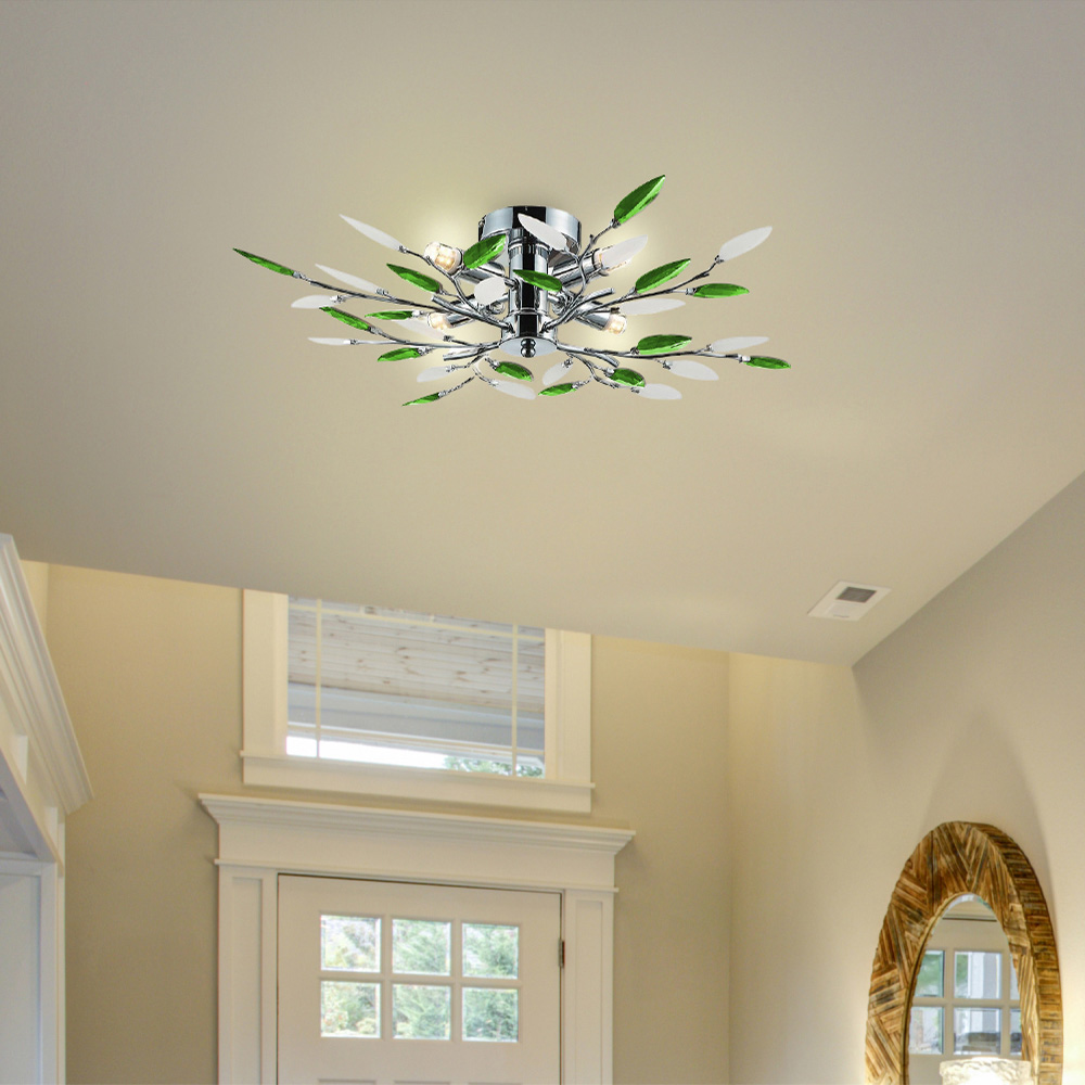 Happy Homewares Chrome Semi Flush Ceiling Light with Emerald Green and Frosted Leaves Image 2