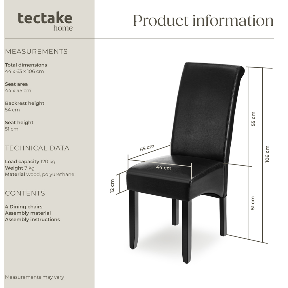 tectake Set of 4 Black Faux Leather High Backrest Dining Chair Image 9