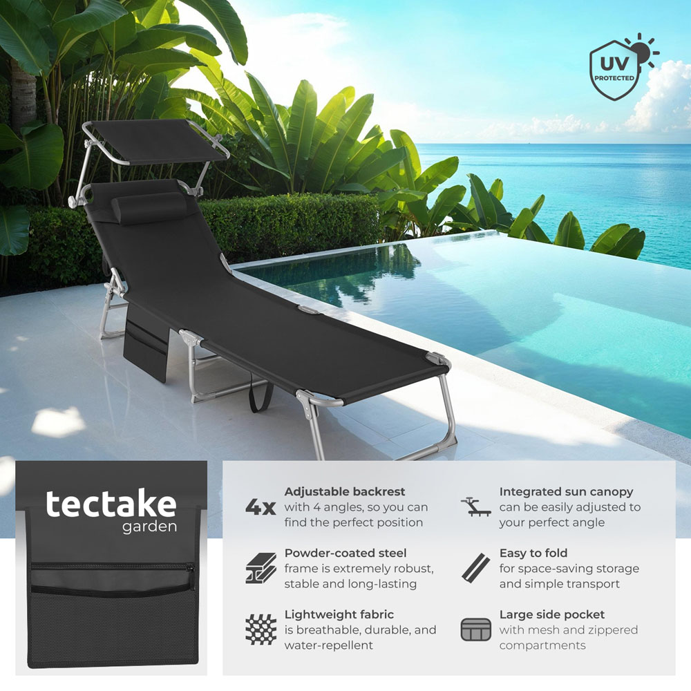 tectake Set of 2 Black Foldable Sun Loungers with Sun Canopy Image 6