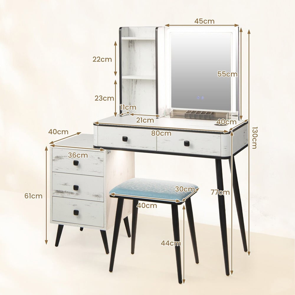 Costway 5 Drawer White Vanity Dressing Table Set with LED Mirror and Charging Station Image 9
