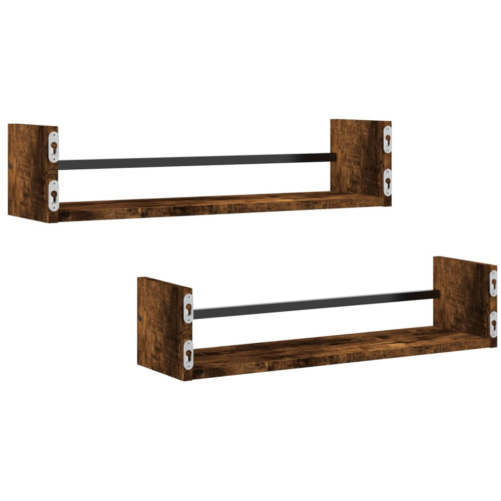 vidaXL 60cm Smoked Oak Floating Wall Shelf with Bar Set of 2 Image 5