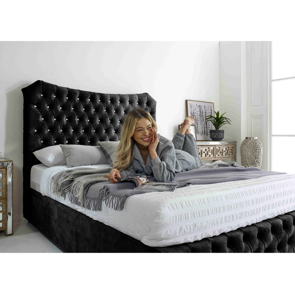 Eleganza Valentino Small Double Gunmetal Marble Fabric Bed with Chesterfield Headboard and Footboard Image 3