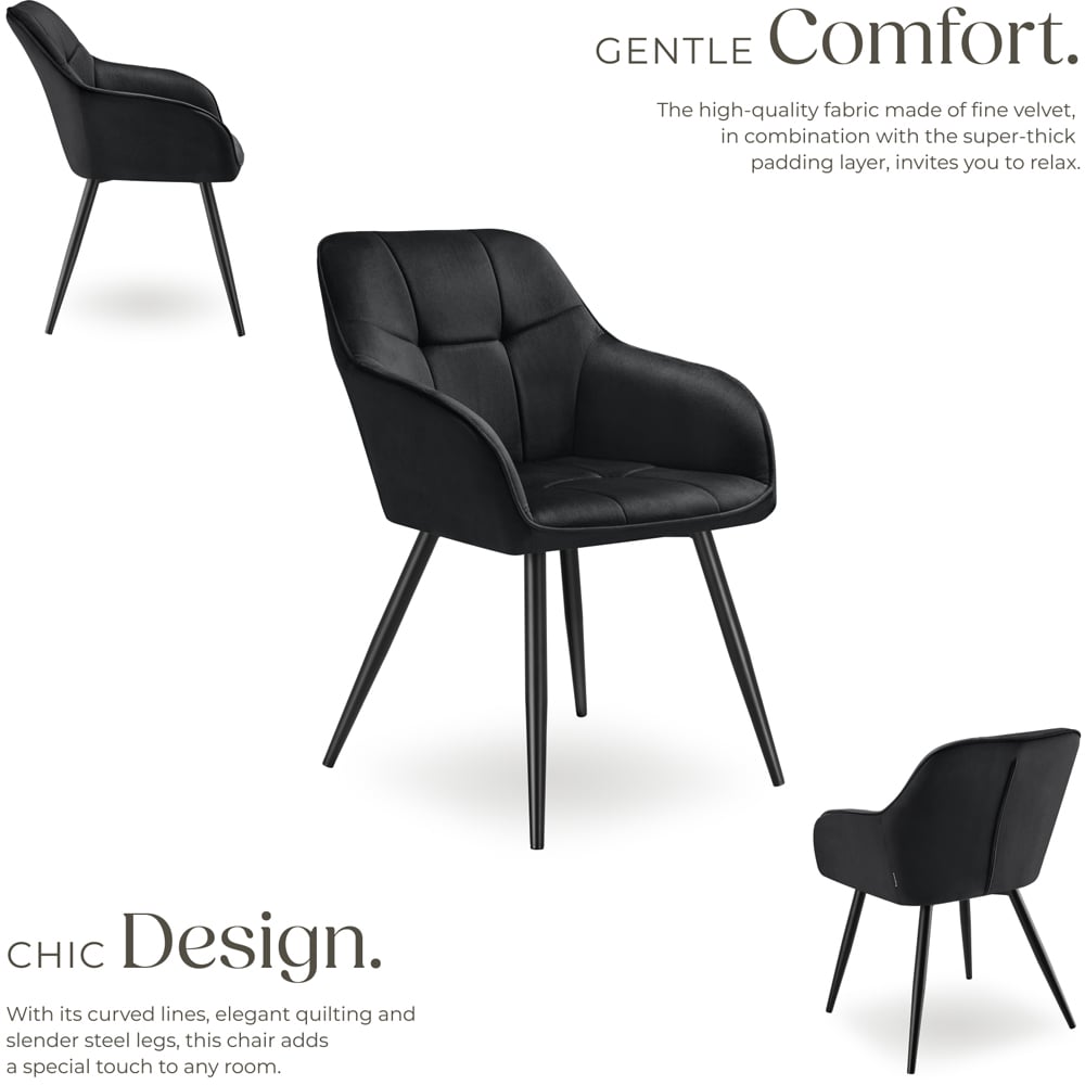 tectake Marilyn Set of 2 Black Velvet Quilted Dining Chair with Armrest Image 3