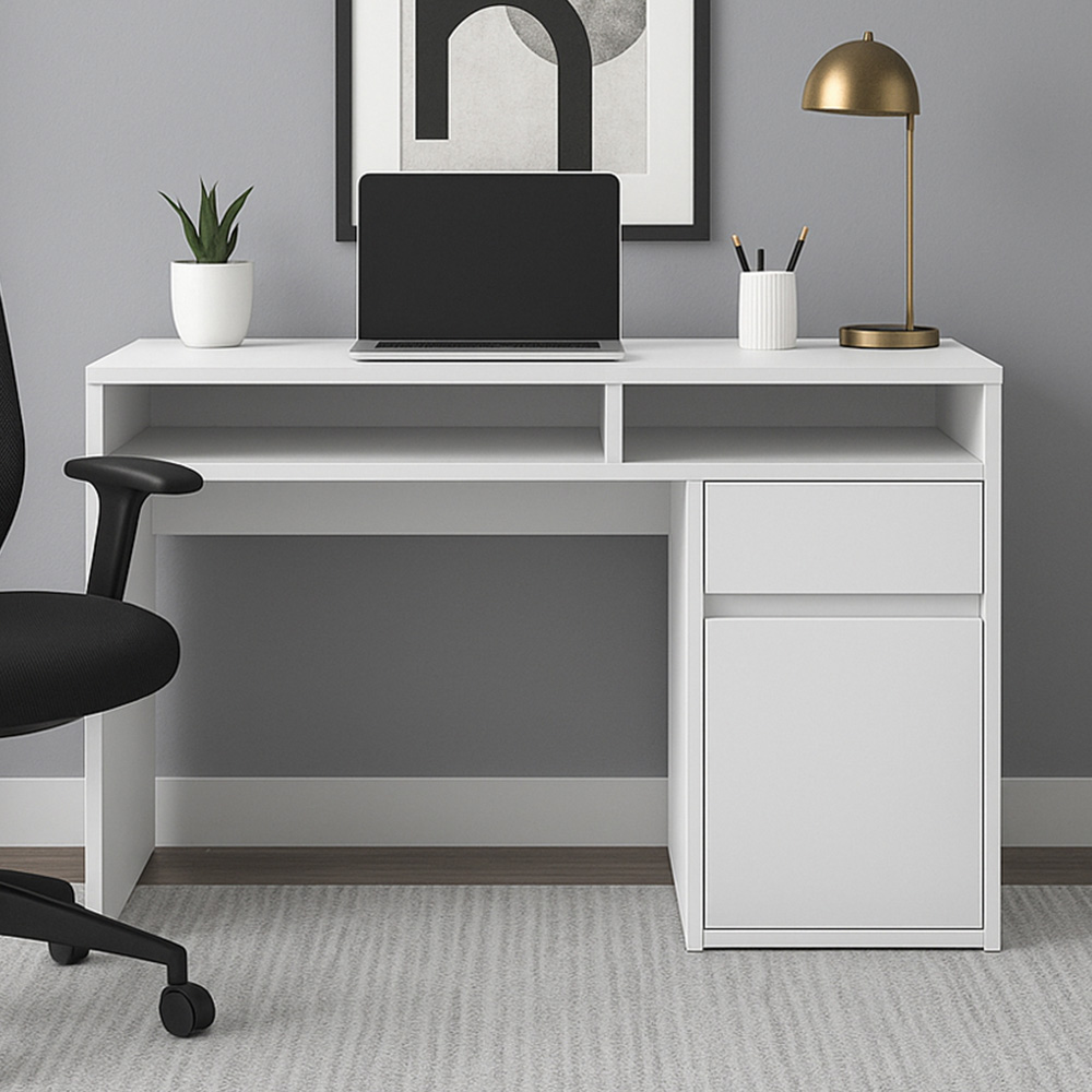 Decorotika Isla Single Door Single Drawer 2 Shelf Corner Computer Desk White Image 1