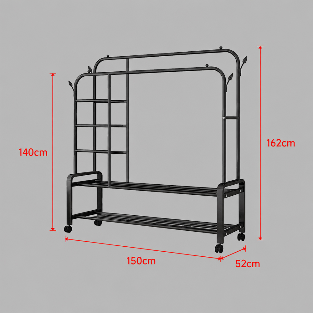 Modcraft 6 Shelf Black Heavy Duty Double Clothes Rail with Wheels Image 6