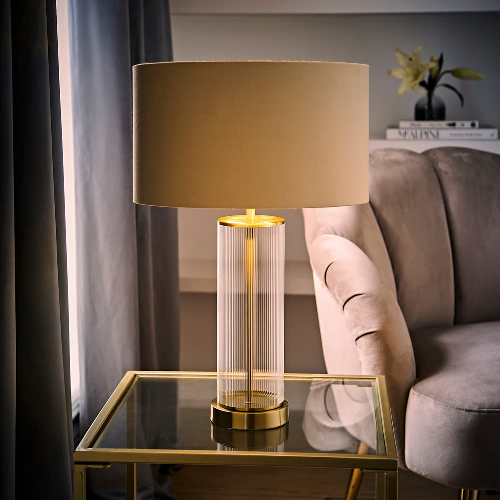 ValueLights Calin Beige and Gold Shade Gold Ribbed Glass Table Lamp with Bulb Image 2