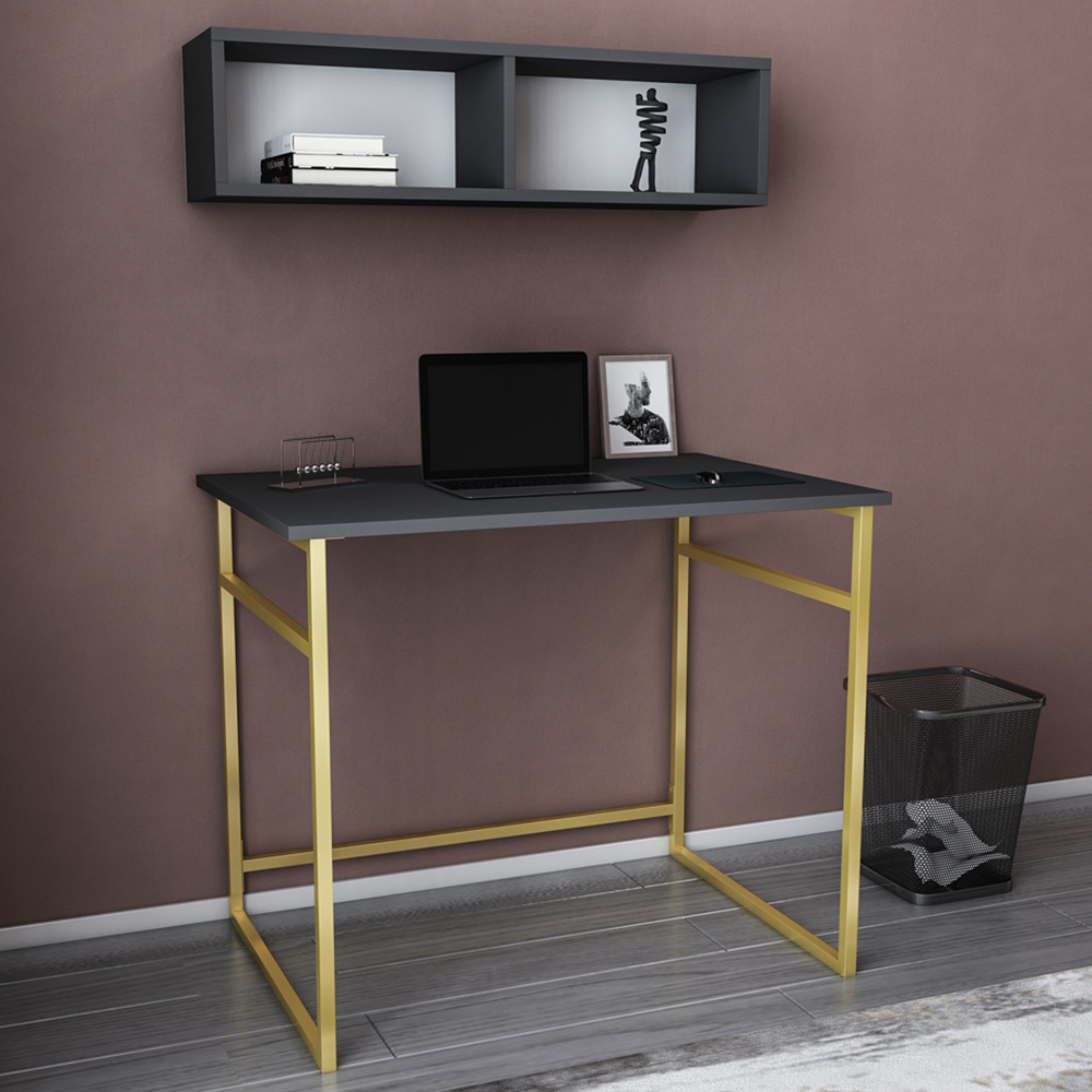 Decorotika Hussum Computer Desk with 2 Section Wall Shelf Gold and Anthracite Image 1