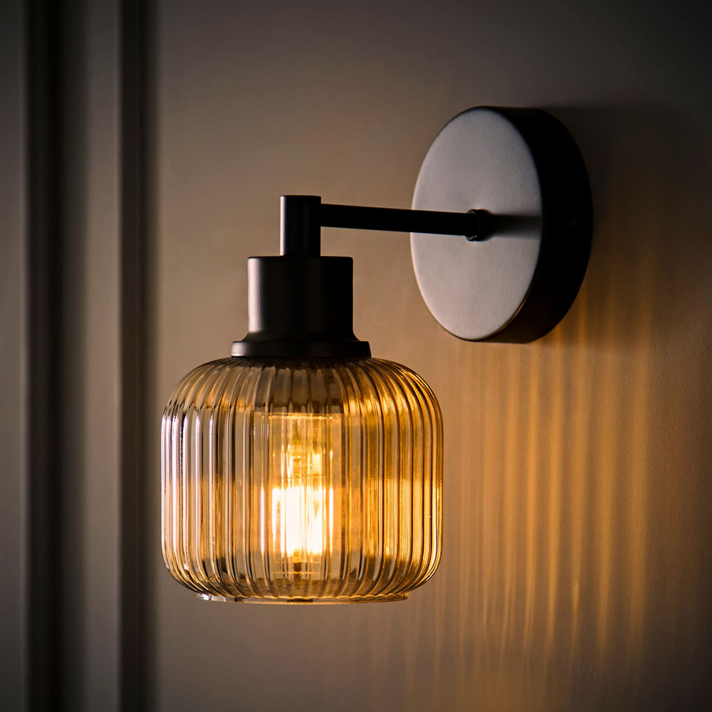 ValueLights Calpe Matte Black Ribbed Smoked Glass Shade Wall Light with Bulb Image 2