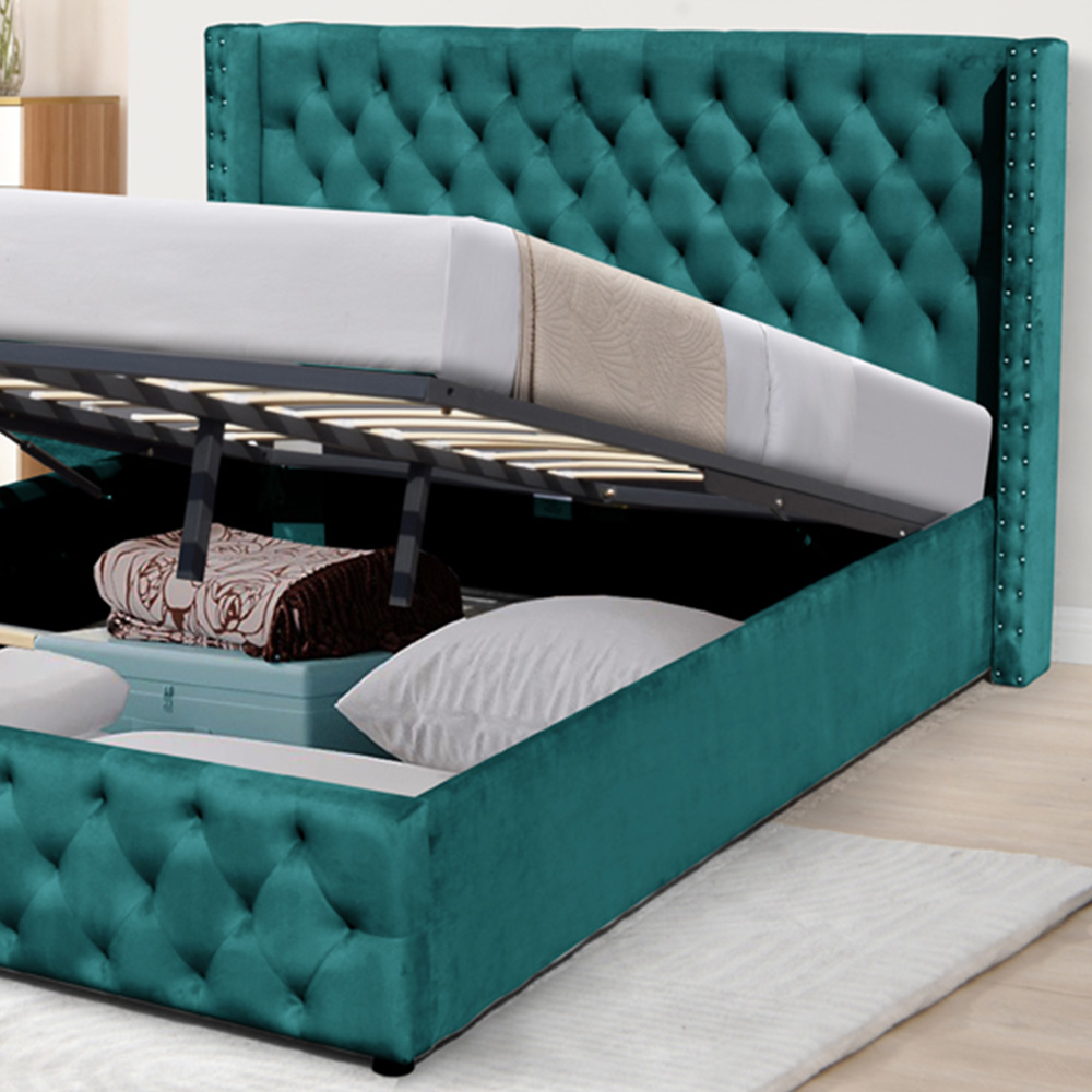 Comfy Living King Size Green Winged Plush Velvet Fabric Gas Lift Ottoman Bed Frame Image 2