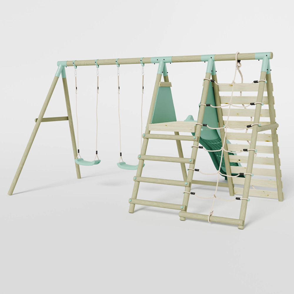 Mercia Wooden Round Pole Double Swing Set with Climbing Wall and Slide Image 4