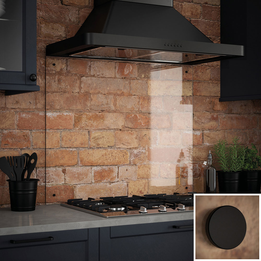 Splashback 0.6cm Thick Clear Kitchen Glass with Matt Black Caps 90 x 75cm Image 1