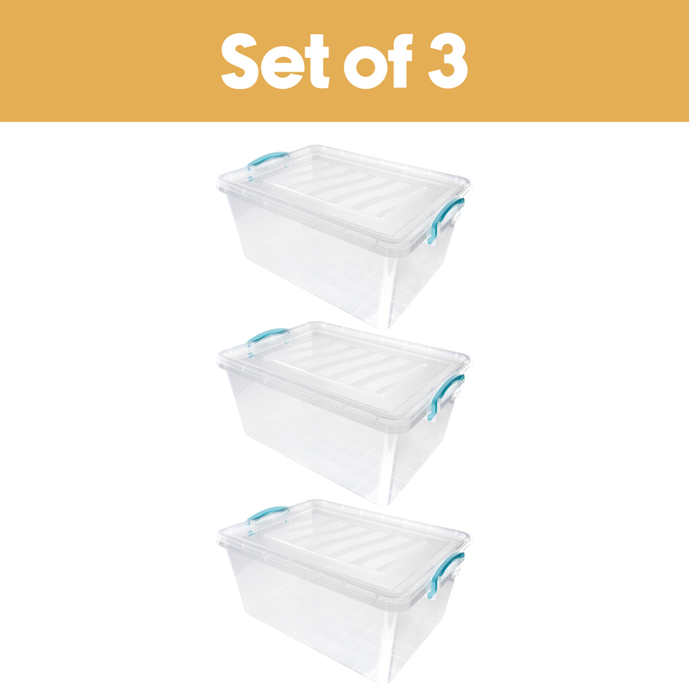 JVL 25L Clear Plastic Stackable and Nestable Storage Box with Clip Lid 3 Pack Image 3