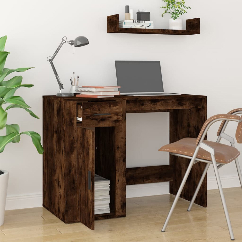 vidaXL Single Door Single Drawer Computer Desk Smoked Oak Image 9