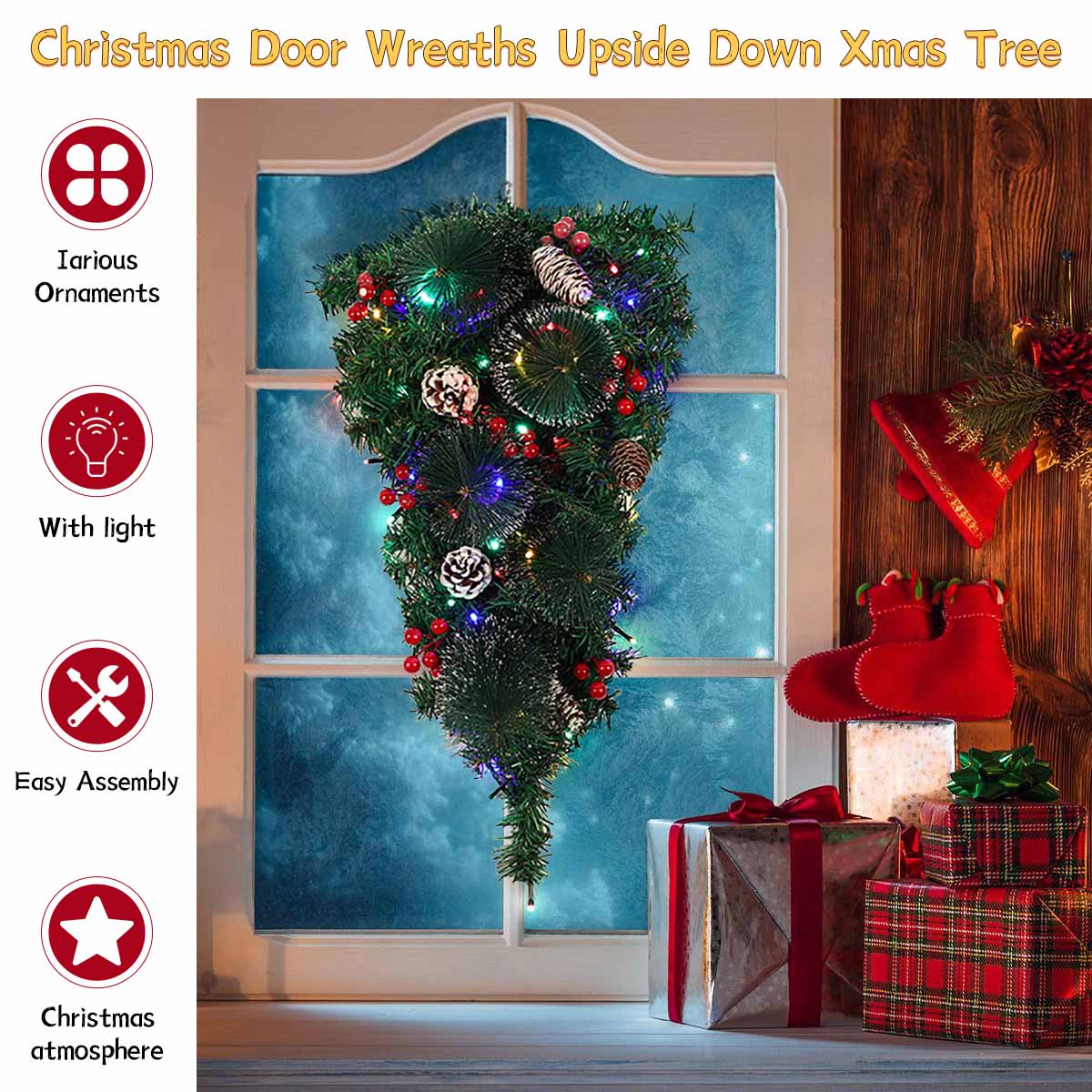 Living and Home Lighted Christmas Front Door Wreath 60cm Image 4