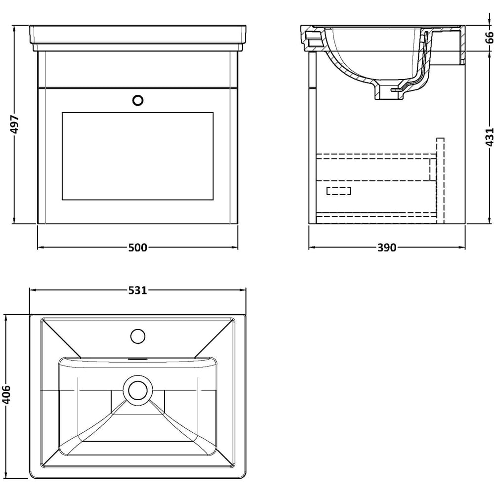 nuie Classique 1 Drawer Satin Green Wall Hung Vanity Unit and 1 Tap Hole Fireclay Basin 500mm Image 2